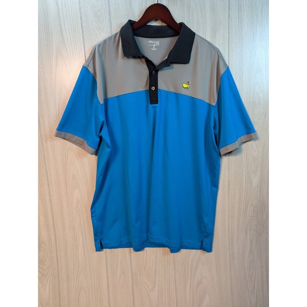 Masters Tech Polo Shirt Mens XL Blue Gray Striped Stretch Golf Rugby Logo